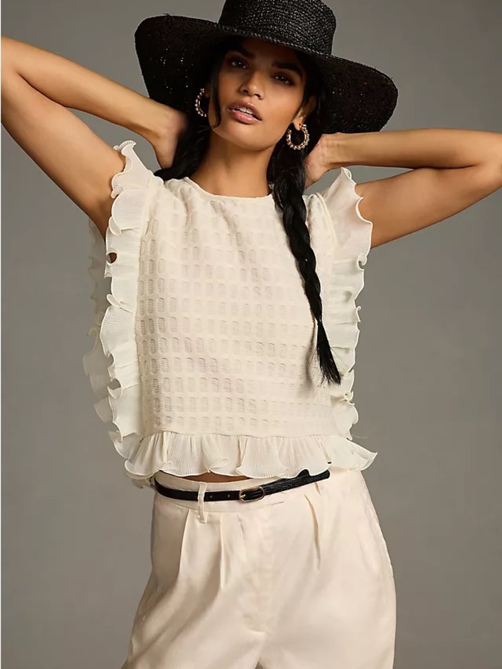 Anthropologie Women's Cream Ruffle-Trim Sleeveless Top